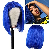 13X4 Lace Front Royal Blue Bob Wig Human Hair 14 Inch Straight 180 Density Transparent Lace Front Wig Brazilian Human Hair Wigs