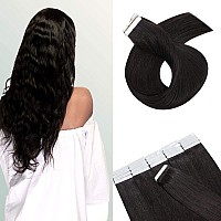 Hairro Tape In Hair Extensions 22 Inch Long Straight Human Hair 1B Natural Black 30G Thin Seamless Skin Weft Glue In Human Hair