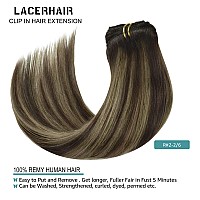 Lacer Hair 14 Inch Full Head Clip in Hair Extensions Human Hair Rooted Dark Brown to Chestnut Brown Highlight Dark Brown Remy Human Hair Extensions Clip ins 120g 7pcs R#2-2/6