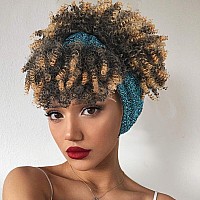 Aisaide Short Curly Wigs For Black Womensynthetic High Puff Afro Ponytail Ombre Brown Wig With Bangs Wrap Wigs 2 In 1 Afro Kink