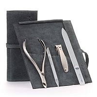 Germanikure 4Pc Manicure Set In Light Gray Suede Case - Finox Stainless Steel Tools Made In Germany, Glass Nail Care Supplies Made In Czech Republic - Professional Cuticle And Nail Care Kit