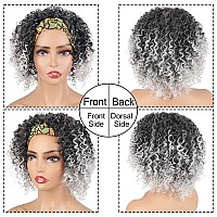 Aisaide Kinky Headband Wigs For Black Womenshort Gray Wig With Headband Attached Kinky Curly Wig Full Afro Curly Gray Wig Headw