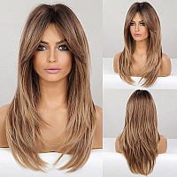 Haircube Long Layered Synthetic Hair Wigs For Women With Bang Ombre Mixed Brown