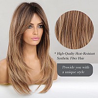 Haircube Long Layered Synthetic Hair Wigs For Women With Bang Ombre Mixed Brown