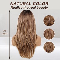 Haircube Long Layered Synthetic Hair Wigs For Women With Bang Ombre Mixed Brown