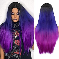 Wiger Long Straight Ombre Wigs Rainbow Mermaid Purple Wigs For Women Black To Blue To Hot Pink No Lace Threetone Colored Cospla