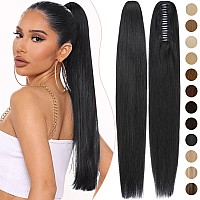 Rich Choices Claw Clip Ponytail Extension Human Hair Real Hair Ponytail Extension Balayage Jet Black 22 Inch 120G One Piece Clip