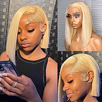 Blonde Bob Wigs Human Hair 13X4 Lace Front Brazilian Virgin Hair Middle Part Silky Straight For Women 10Inch Layered Hd Transpre