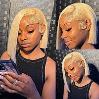 Blonde Bob Wigs Human Hair 13X4 Lace Front Brazilian Virgin Hair Middle Part Silky Straight For Women 10Inch Layered Hd Transpre