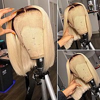 1B613 Ombre Blonde Bob Wigs 16 Inch Remy Hair Silky Straight Glueless Bob13X4 Hd Lace Frontal Wig For Women 180 Density Middle