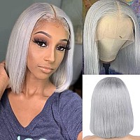 Smartinnov Grey Bob Wigs Human Hair 13X4 Lace Front Wigs Glueless Brazilian Remy Hair Straight For Women 8 Inch Pre Plucked Natu