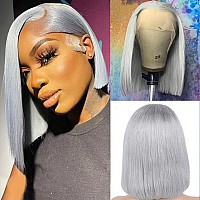 Smartinnov Grey Bob Wigs Human Hair 13X4 Lace Front Wigs Glueless Brazilian Remy Hair Straight For Women 8 Inch Pre Plucked Natu