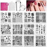 Biutee Nail Stamper Kit Nail Art Stamping Plate Set Stamping Nail Polish Gel Stamp Plate Jelly Silicone Stamper Scraper Flower Lace Line kiss Stencil Template Tool Supplies for Holiday (Storage Bag)