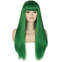 Morvally Womens 26 Long Straight Green Synthetic Resistant Hair Wigs With Bangs Natural Looking Wig For Women Halloween Cospla