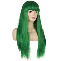 Morvally Womens 26 Long Straight Green Synthetic Resistant Hair Wigs With Bangs Natural Looking Wig For Women Halloween Cospla