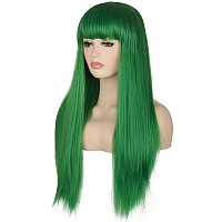 Morvally Womens 26 Long Straight Green Synthetic Resistant Hair Wigs With Bangs Natural Looking Wig For Women Halloween Cospla