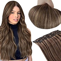 Runature Highlight Clip In Hair Extensions Remy Human Hair Clip In Extensions 20 Inch Brown Mix Honey Blonde Highlgiht Hair Exte