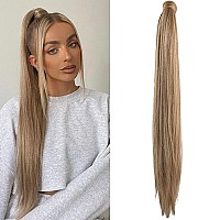 Seikea 28 Inch Clip In Ponytail Extension Wrap Around Long Straight Pony Tail Hair Synthetic Hairpiece For Women Color Ash Blond