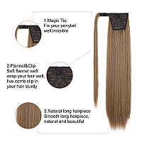 Seikea 28 Inch Clip In Ponytail Extension Wrap Around Long Straight Pony Tail Hair Synthetic Hairpiece For Women Color Ash Blond