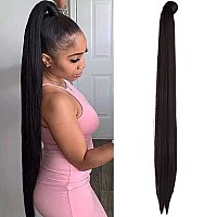 Seikea 35 Inch Clip In Ponytail Extension Wrap Around Long Straight Pony Tail Hair Synthetic Hairpiece For Women Dark Brown