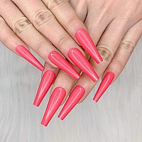 Artquee 24Pcs Mei Red Pure Color Ballerina Long Coffin Glossy Fake Nails Press On Nail False Tips Manicure For Women