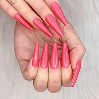 Artquee 24Pcs Mei Red Pure Color Ballerina Long Coffin Glossy Fake Nails Press On Nail False Tips Manicure For Women