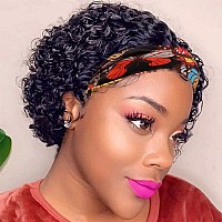 SWEETGIRL Short Curly Headband Wig Human Hair Wigs for Black Women Curly Bob Headband Wigs Pixie Cut Glueless Half Wig 150% Density Natural Black 6 Inch