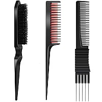 3 Pieces Pick Teasing Combs Hair Brush Set Includes Black Carbon Lift Teasing Combs With Metal Prong Triple Pin Rat Tail Comb