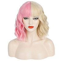 Pattnium Pink Blonde Wig Two Tone Wig Short Curly Blonde Pink Wig With Bangs Split Wig For Women Heat Resistant Synthetic Hair T