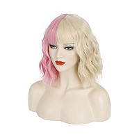 Pattnium Pink Blonde Wig Two Tone Wig Short Curly Blonde Pink Wig With Bangs Split Wig For Women Heat Resistant Synthetic Hair T