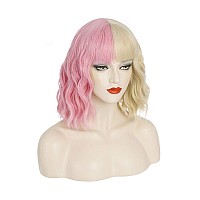 Pattnium Pink Blonde Wig Two Tone Wig Short Curly Blonde Pink Wig With Bangs Split Wig For Women Heat Resistant Synthetic Hair T