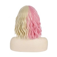 Pattnium Pink Blonde Wig Two Tone Wig Short Curly Blonde Pink Wig With Bangs Split Wig For Women Heat Resistant Synthetic Hair T