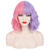 Pattnium Pink Purple Wig Short Curly Wig Half Pink Half Purple Wig With Bangs Split Wig Two Tone Wig For Women Girls Heat Resist