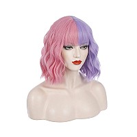 Pattnium Pink Purple Wig Short Curly Wig Half Pink Half Purple Wig With Bangs Split Wig Two Tone Wig For Women Girls Heat Resist