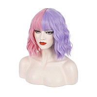 Pattnium Pink Purple Wig Short Curly Wig Half Pink Half Purple Wig With Bangs Split Wig Two Tone Wig For Women Girls Heat Resist