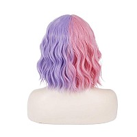 Pattnium Pink Purple Wig Short Curly Wig Half Pink Half Purple Wig With Bangs Split Wig Two Tone Wig For Women Girls Heat Resist