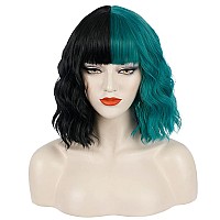 Pattnium Black Green Wig Short Curly Wig Black And Green Wig With Bangs Two Color Wig For Women Half Black Half Green Wig Split