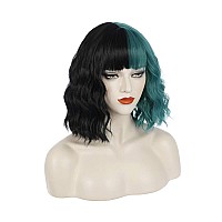 Pattnium Black Green Wig Short Curly Wig Black And Green Wig With Bangs Two Color Wig For Women Half Black Half Green Wig Split