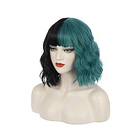 Pattnium Black Green Wig Short Curly Wig Black And Green Wig With Bangs Two Color Wig For Women Half Black Half Green Wig Split