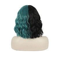 Pattnium Black Green Wig Short Curly Wig Black And Green Wig With Bangs Two Color Wig For Women Half Black Half Green Wig Split