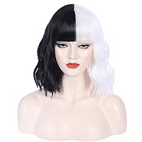 Pattnium Black White Wig Two Tone Wig Short Curly Half Black White Wig With Bangs Split Wig For Women Heat Resistant Synthetic H