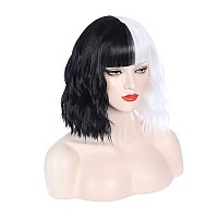 Pattnium Black White Wig Two Tone Wig Short Curly Half Black White Wig With Bangs Split Wig For Women Heat Resistant Synthetic H