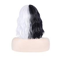 Pattnium Black White Wig Two Tone Wig Short Curly Half Black White Wig With Bangs Split Wig For Women Heat Resistant Synthetic H