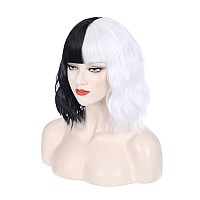 Pattnium Black White Wig Two Tone Wig Short Curly Half Black White Wig With Bangs Split Wig For Women Heat Resistant Synthetic H