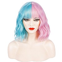 Pattnium Blue Pink Wig Short Curly Wig Two Tone Wig With Bangs Split Wig Light Blue Pink Wig For Women Two Tone Wig Heat Resista