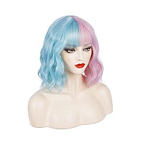 Pattnium Blue Pink Wig Short Curly Wig Two Tone Wig With Bangs Split Wig Light Blue Pink Wig For Women Two Tone Wig Heat Resista