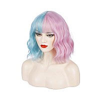 Pattnium Blue Pink Wig Short Curly Wig Two Tone Wig With Bangs Split Wig Light Blue Pink Wig For Women Two Tone Wig Heat Resista