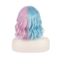 Pattnium Blue Pink Wig Short Curly Wig Two Tone Wig With Bangs Split Wig Light Blue Pink Wig For Women Two Tone Wig Heat Resista