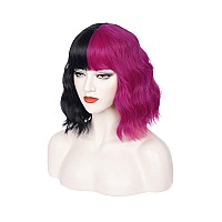 Pattnium Black Pink Wig Two Tone Wig Short Curly Black Pink Wig With Bangs Half Black Pink Split Wig For Women Heat Resistant Sy