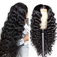 BINF Loose Deep Wave Wig Closure Loose Wave Lace Front Wigs Human Hair Wig for Women 24 Inch 4x4 Loose Wave Wig Pre Plucked Natural Black Color Swiss Lace 150% Density